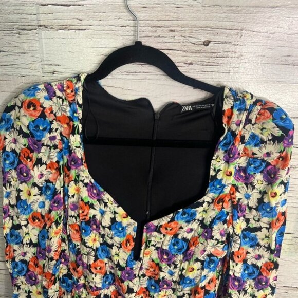Zara Orange and Blue Puff Sleeve Bodycon Dress floral size xs - Picture 4 of 9